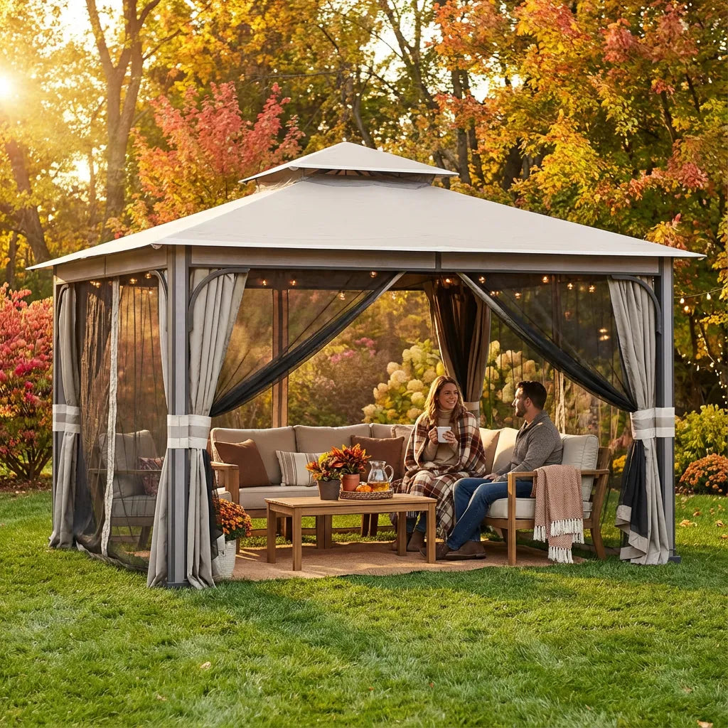 SUNJOY 11x13 Soft Top Gazebo with Netting & Curtains, Patio Gazebo with 2-Tier Roof and Ceiling Hook - Light Gray