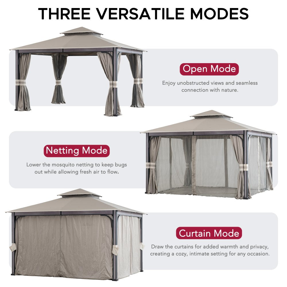 SUNJOY 11x13 Soft Top Gazebo with Netting & Curtains, Patio Gazebo with 2-Tier Roof and Ceiling Hook - Light Gray