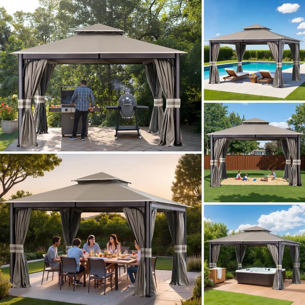 SUNJOY 11x13 Soft Top Gazebo with Netting & Curtains, Patio Gazebo with 2-Tier Roof and Ceiling Hook - Light Gray