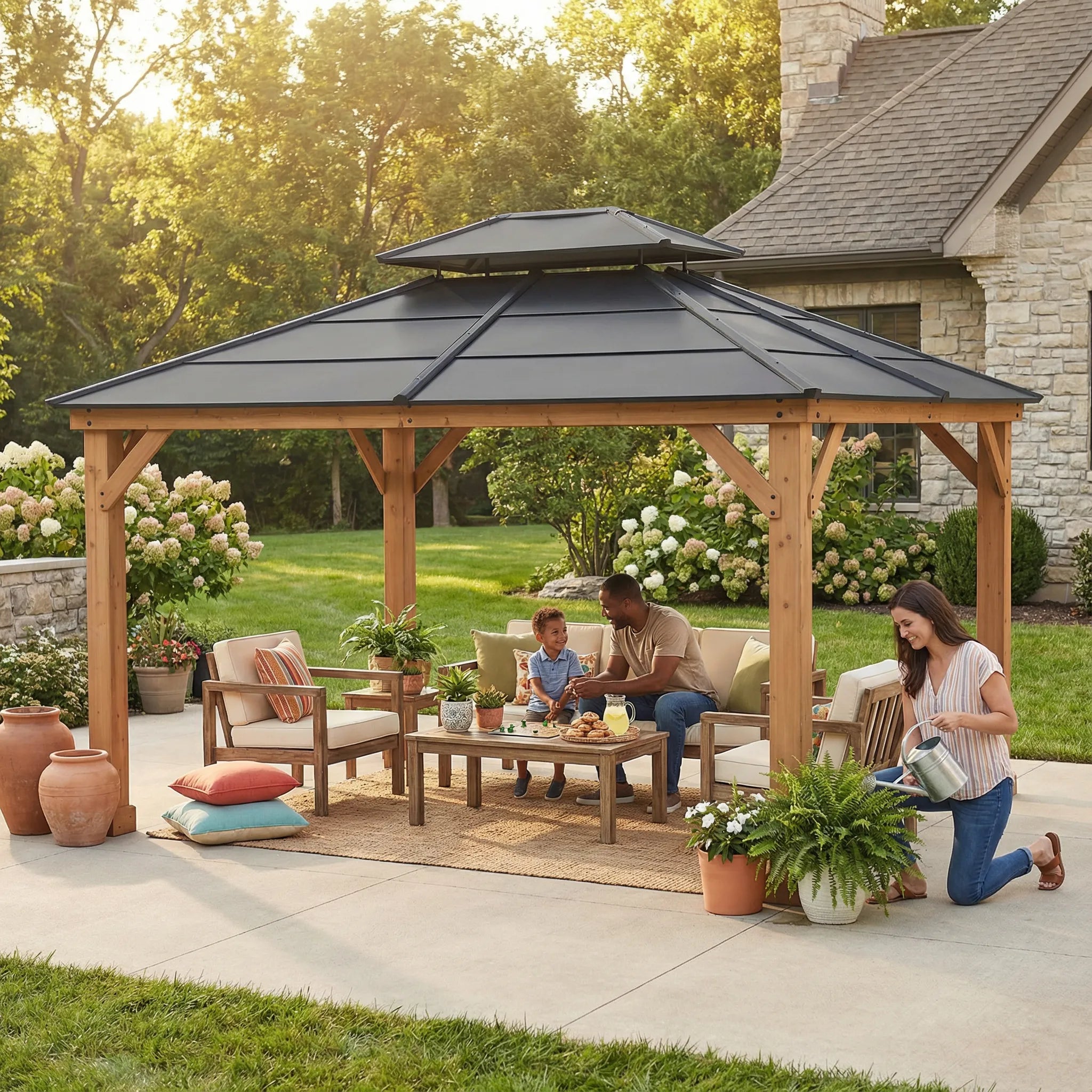 SUNJOY 11x13 Cedar Hardtop Gazebo with Heavy-Duty Steel Roof & Ceiling Hook - Natural Cedar
