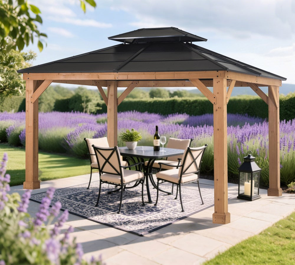 SUNJOY 11x13 Cedar Hardtop Gazebo with Heavy-Duty Steel Roof & Ceiling Hook - Natural Cedar