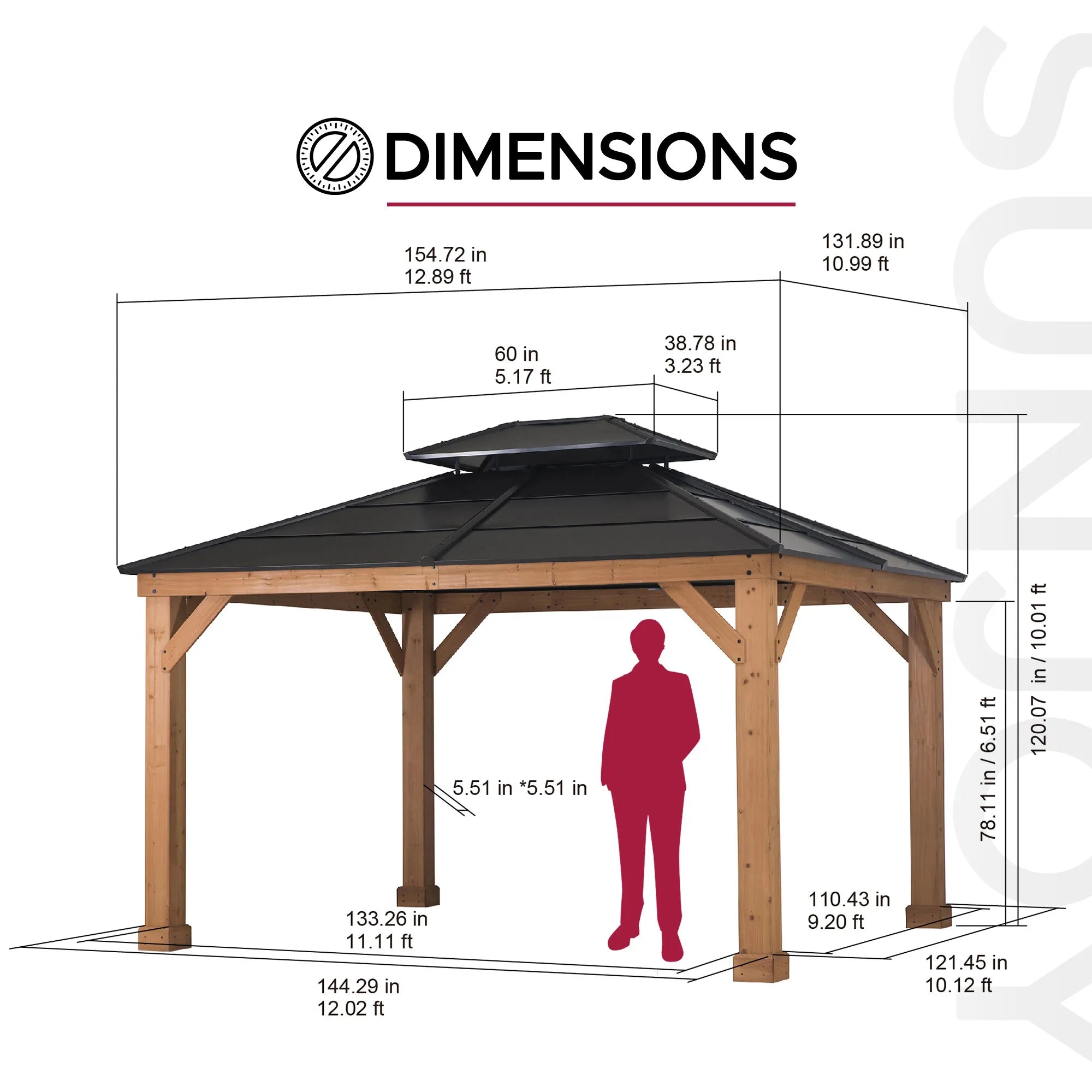 SUNJOY 11x13 Cedar Hardtop Gazebo with Heavy-Duty Steel Roof & Ceiling Hook - Natural Cedar