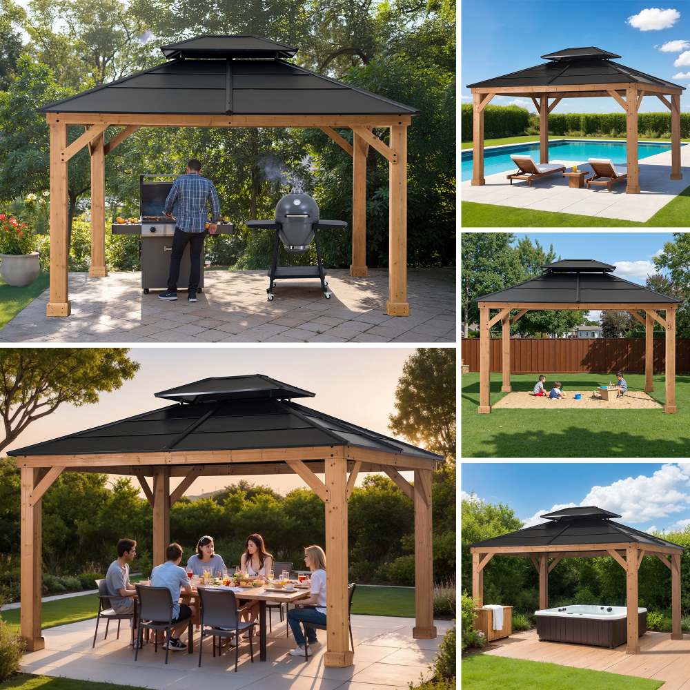 SUNJOY 11x13 Cedar Hardtop Gazebo with Heavy-Duty Steel Roof & Ceiling Hook - Natural Cedar
