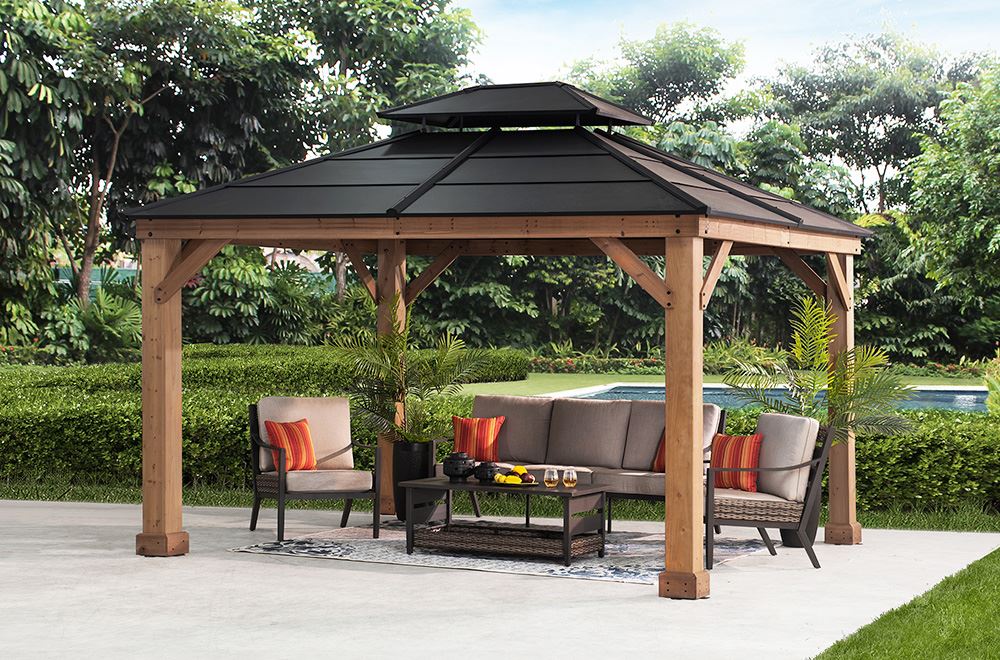 SUNJOY 11x13 Hardtop Gazebo with Cedar Frame and Ceiling Hook - Natural Cedar