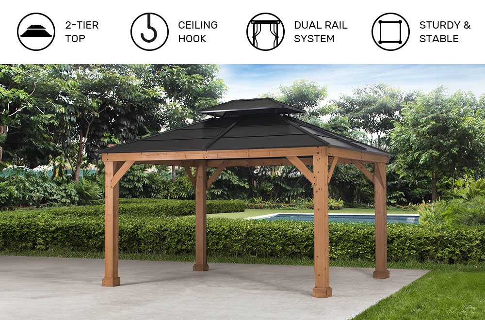 SUNJOY 11x13 Hardtop Gazebo with Cedar Frame and Ceiling Hook - Natural Cedar