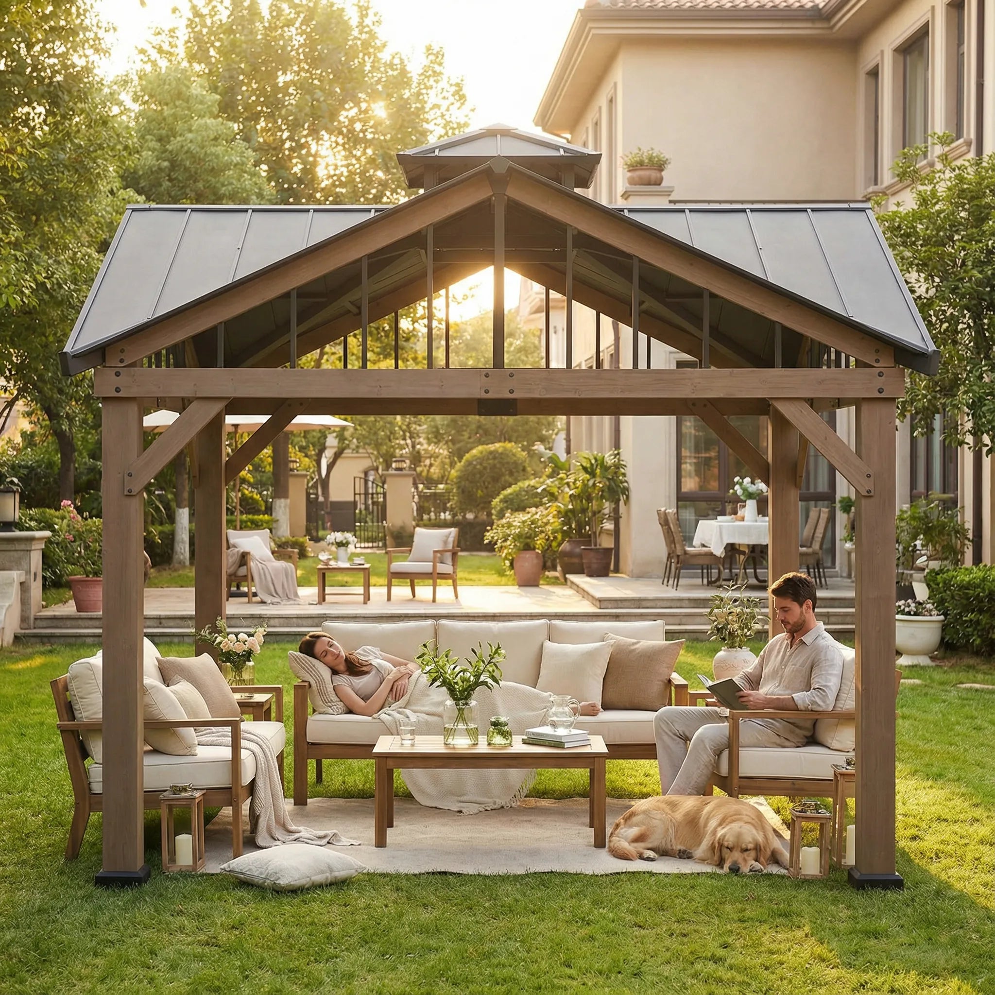 SUNJOY 12x12 Heavy-Duty Wooden Gazebo, Hardtop Pavilion with Decorative Roof Vent