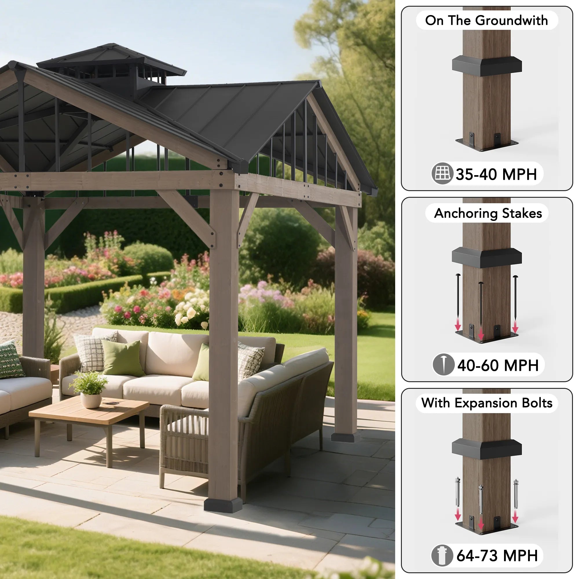 SUNJOY 12x12 Heavy-Duty Wooden Gazebo, Hardtop Pavilion with Decorative Roof Vent