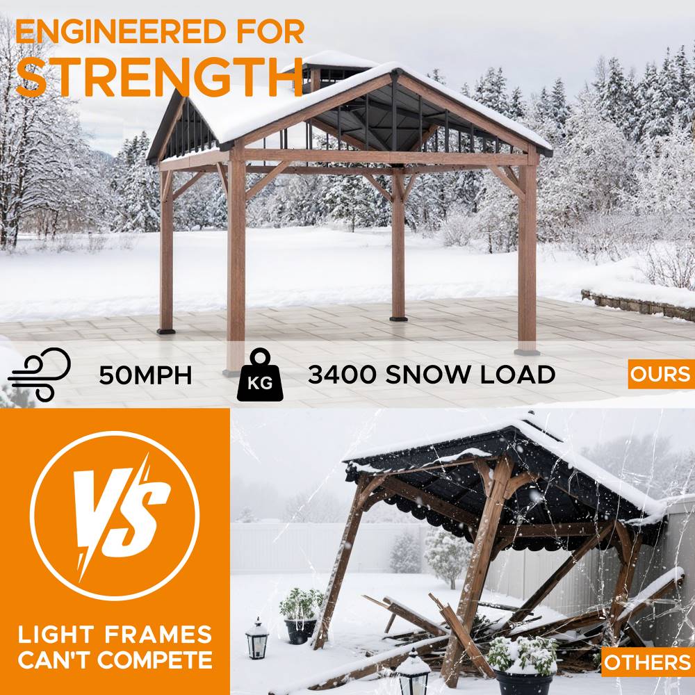 SUNJOY 12x12 Heavy-Duty Wooden Gazebo, Hardtop Pavilion with Decorative Roof Vent