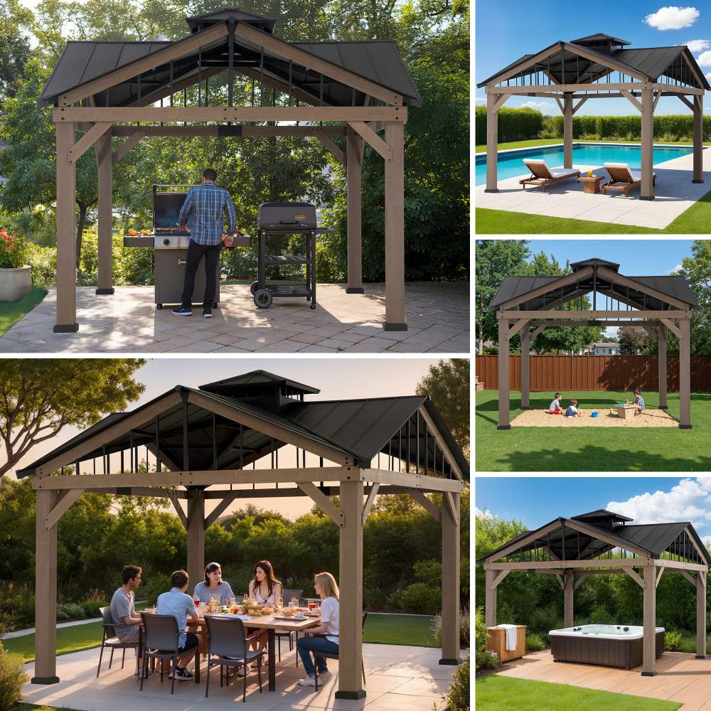 SUNJOY 12x12 Heavy-Duty Wooden Gazebo, Hardtop Pavilion with Decorative Roof Vent