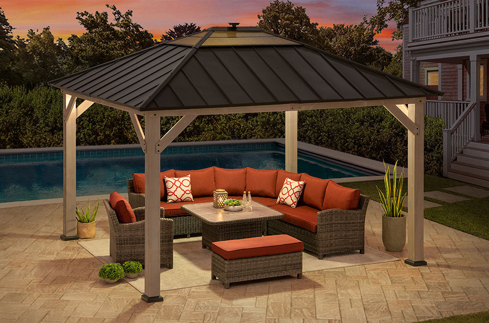 SUNJOY 11x13 Wooden Gazebo with Solar Panel, LED Lights and Ceiling Hook