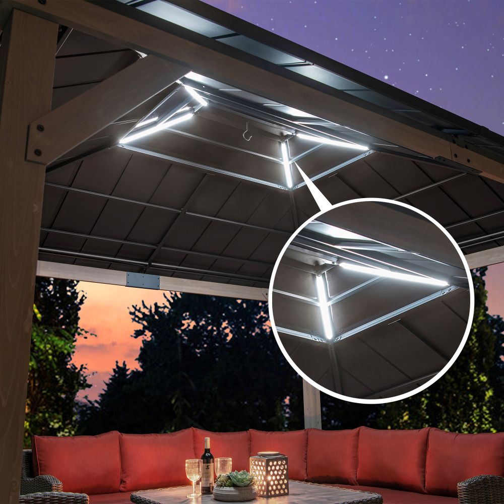 SUNJOY 11x13 Wooden Gazebo with Solar Panel, LED Lights and Ceiling Hook - Driftwood Cedar