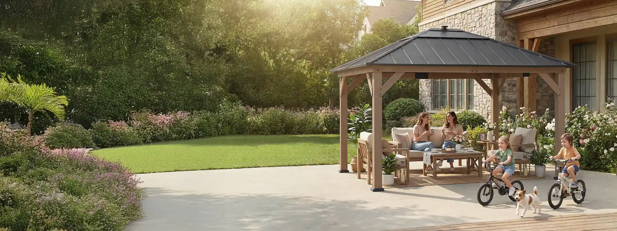 SUNJOY 11x13 Wooden Gazebo with Solar Panel, LED Lights and Ceiling Hook - Weathered Cedar