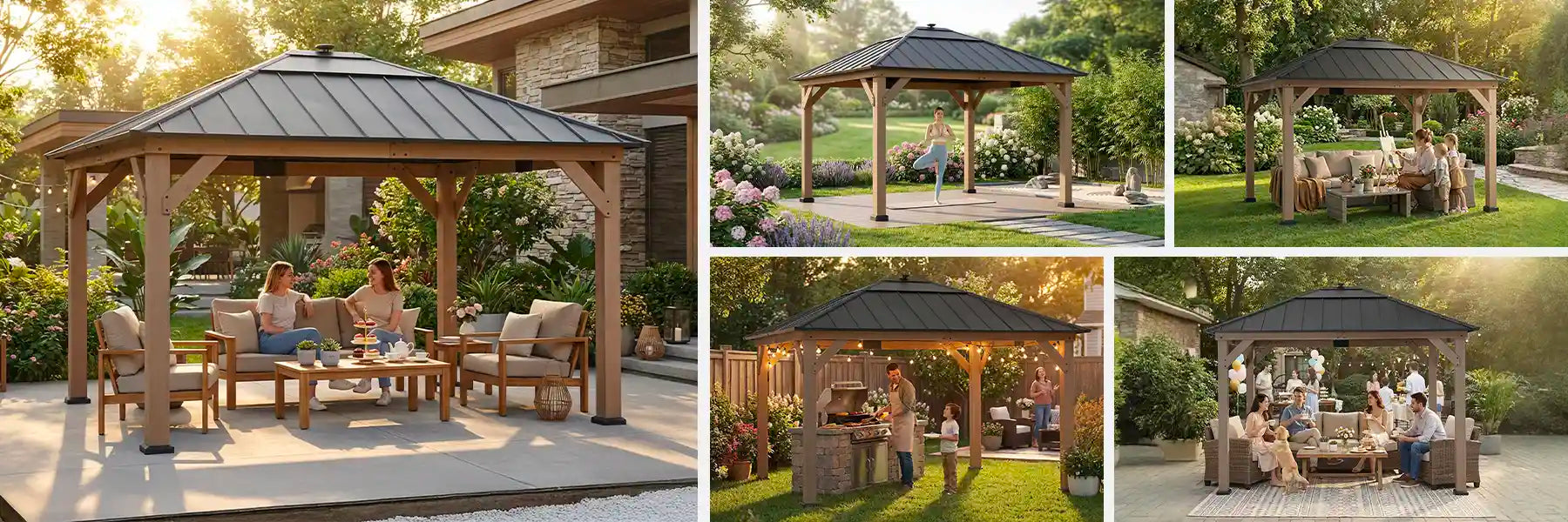 SUNJOY 11x13 Wooden Gazebo with Solar Panel, LED Lights and Ceiling Hook - Weathered Cedar