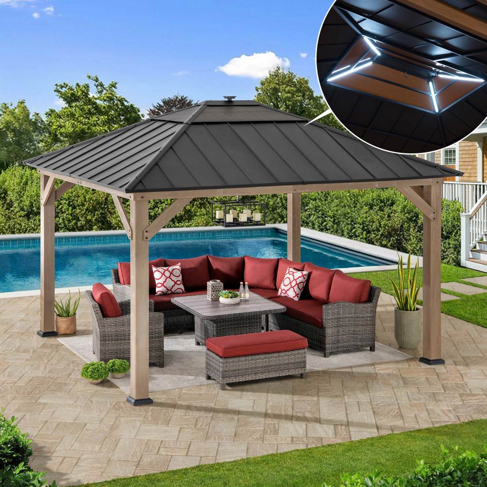 SUNJOY 11x13 Wooden Gazebo with Solar Panel, LED Lights and Ceiling Hook