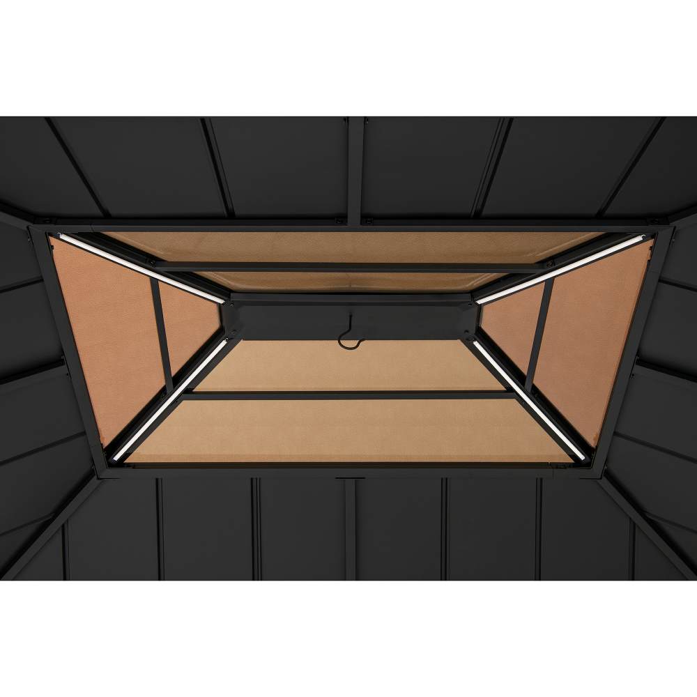 SUNJOY 11x13 Wooden Gazebo with Solar Panel, LED Lights and Ceiling Hook - Brown
