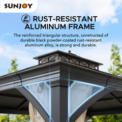 Sunjoy Outdoor Patio 11x13 Black 2-Tier Aluminum Frame Backyard Hardtop Gazebo with Metal Ceiling Hook and Netting.