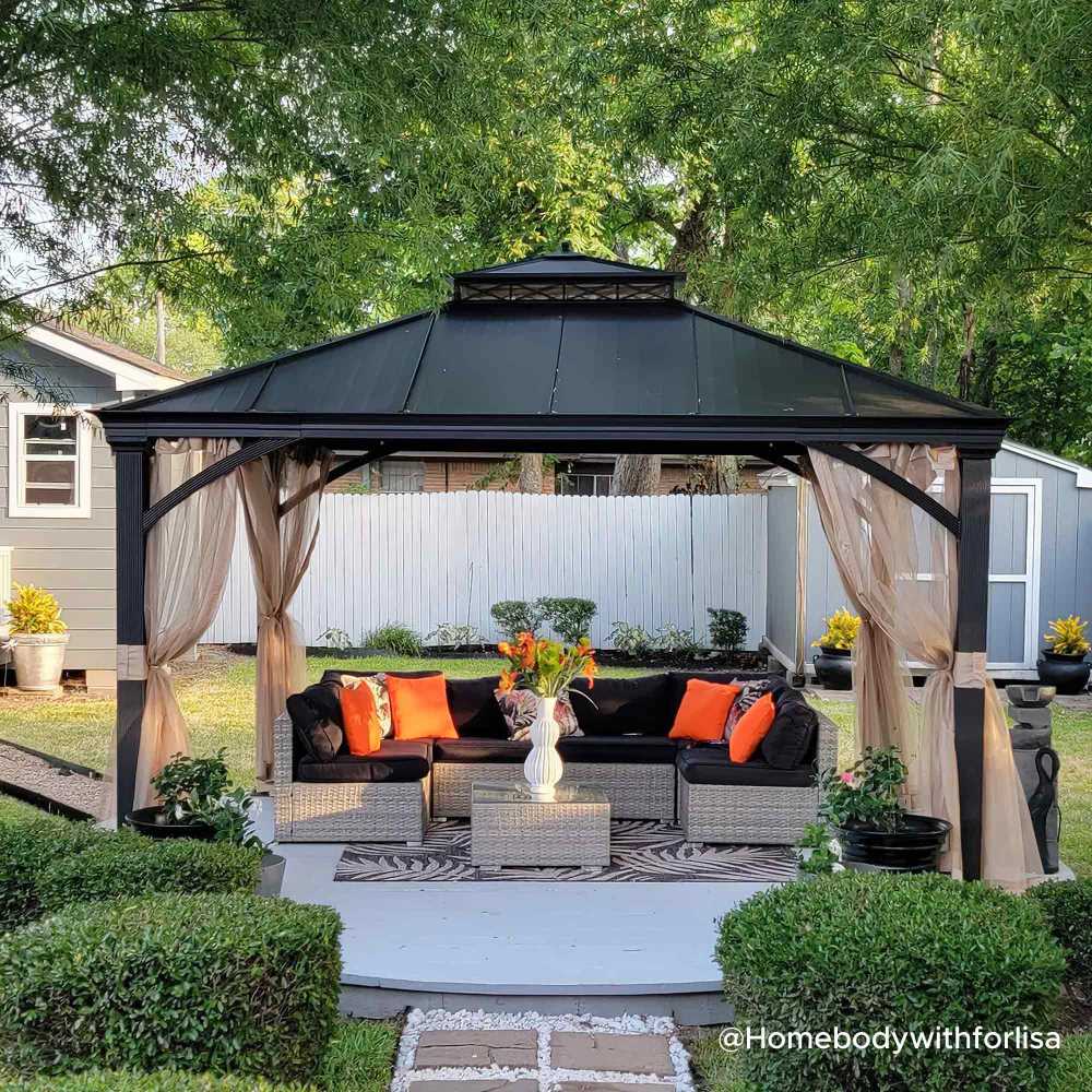 SUNJOY 11x13 Metal Gazebo with Aluminum Frame and Privacy Netting.
