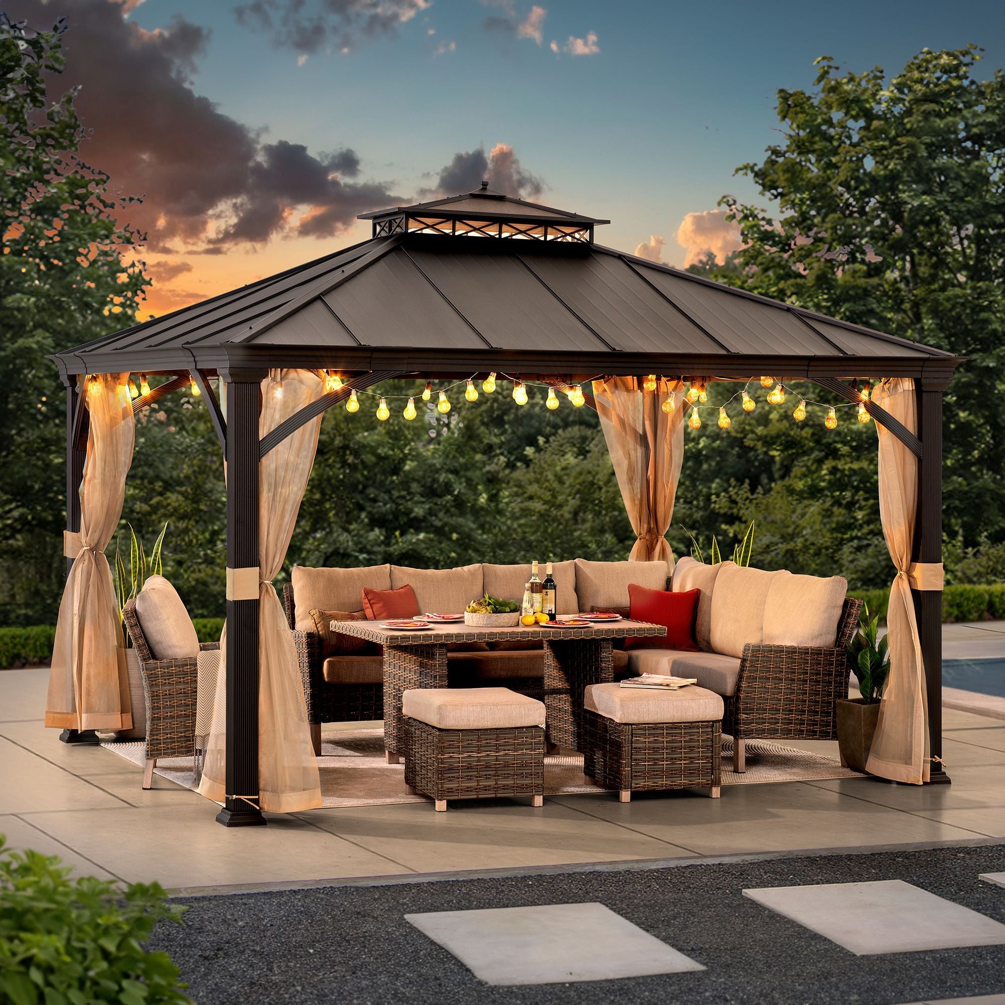 SUNJOY 11x13 Metal Gazebo with Aluminum Frame and Privacy Netting.