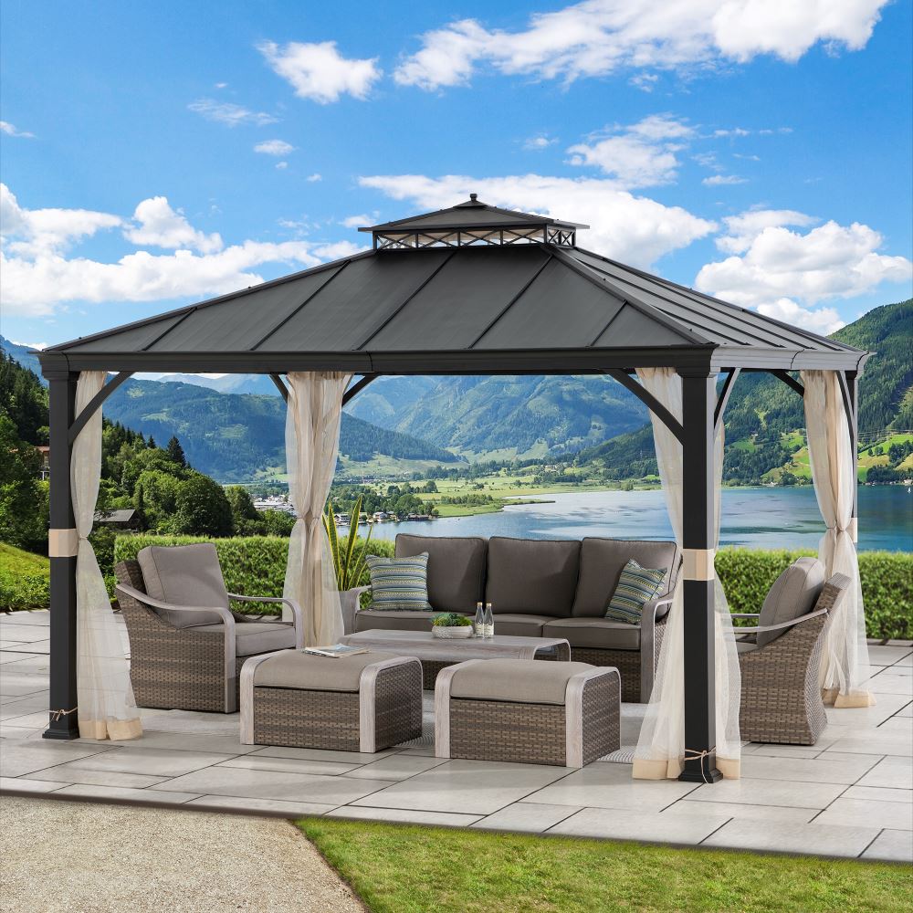 SUNJOY 10x12 Steel Gazebo with 2-Tier Metal Roof and Netting.