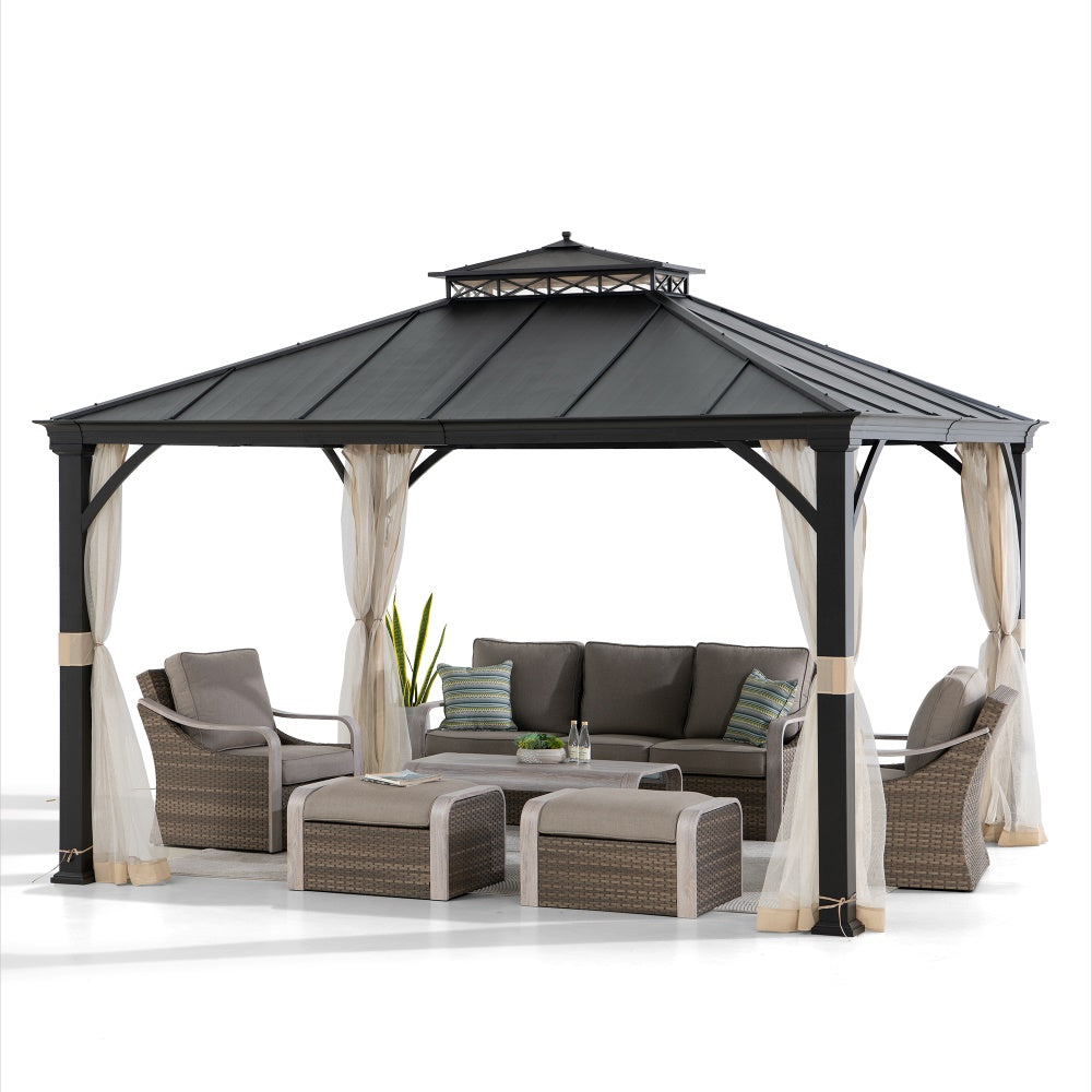 SUNJOY 10x12 Steel Gazebo with 2-Tier Metal Roof and Netting.