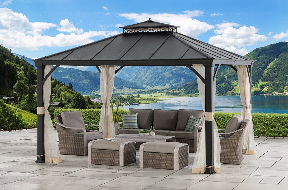 SUNJOY 10x12 Steel Gazebo with 2-Tier Metal Roof and Netting