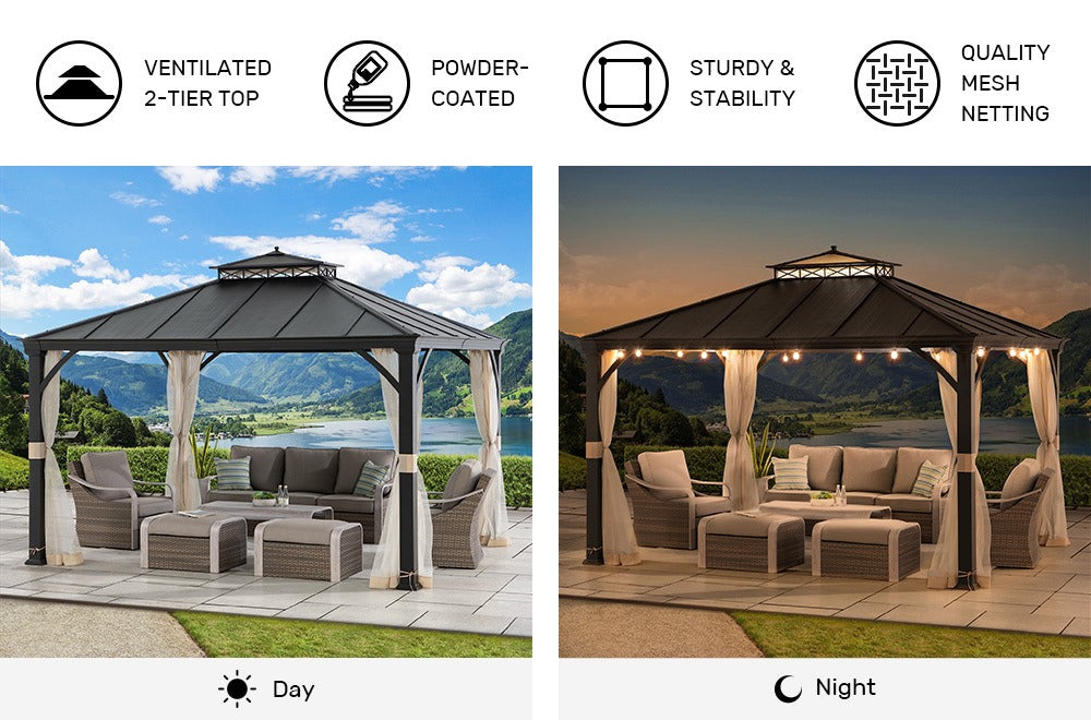 SUNJOY 10x12 Steel Gazebo with 2-Tier Metal Roof and Netting