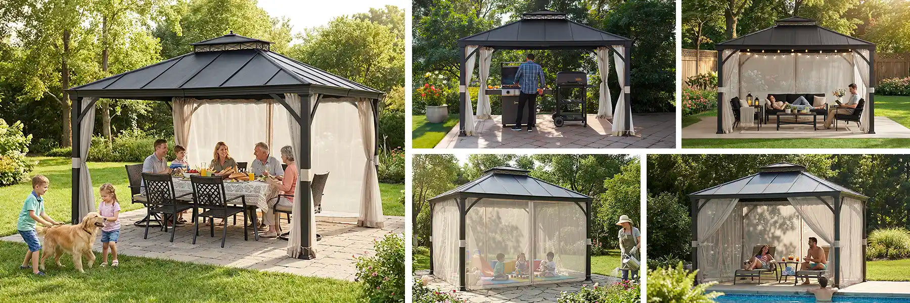 SUNJOY 10x12 Patio Steel Gazebo with Vented 2-Tier Metal Roof and Netting