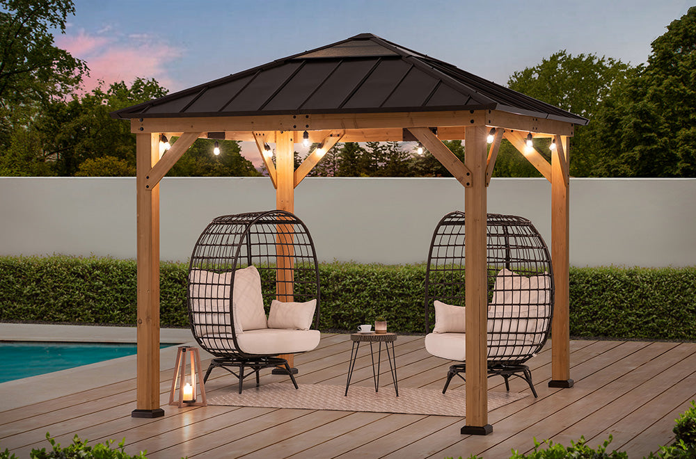 SUNJOY 9x9 Cedar Gazebo with Brown Metal Roof and Ceiling Hook