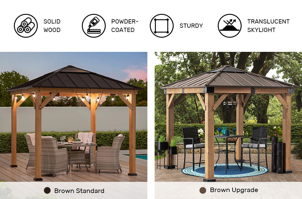 SUNJOY 9x9 Cedar Gazebo with Brown Metal Roof and Ceiling Hook