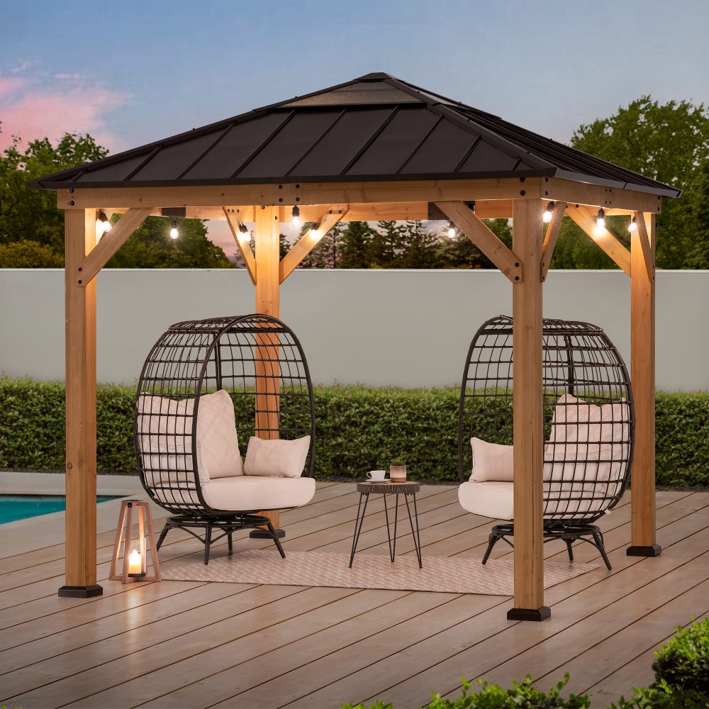 SUNJOY 9x9 Cedar Gazebo with Brown Metal Roof and Ceiling Hook.