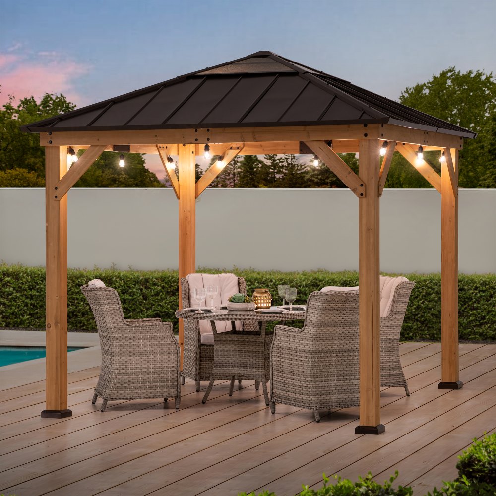 SUNJOY 9x9 Cedar Gazebo with Brown Metal Roof and Ceiling Hook.
