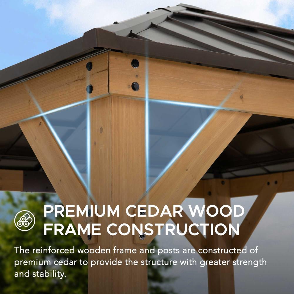 SUNJOY 9x9 Cedar Gazebo with Brown Metal Roof and Ceiling Hook.