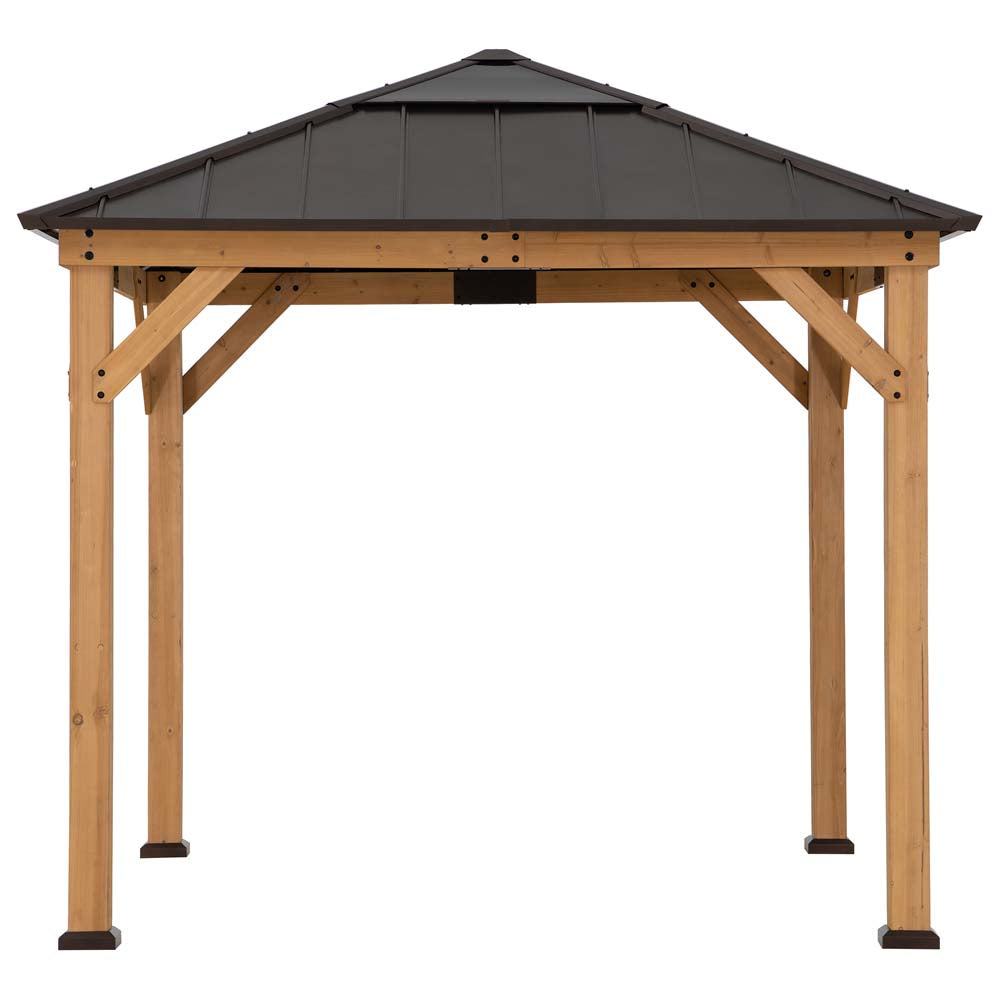 SUNJOY 9x9 Cedar Gazebo with Brown Metal Roof and Ceiling Hook.