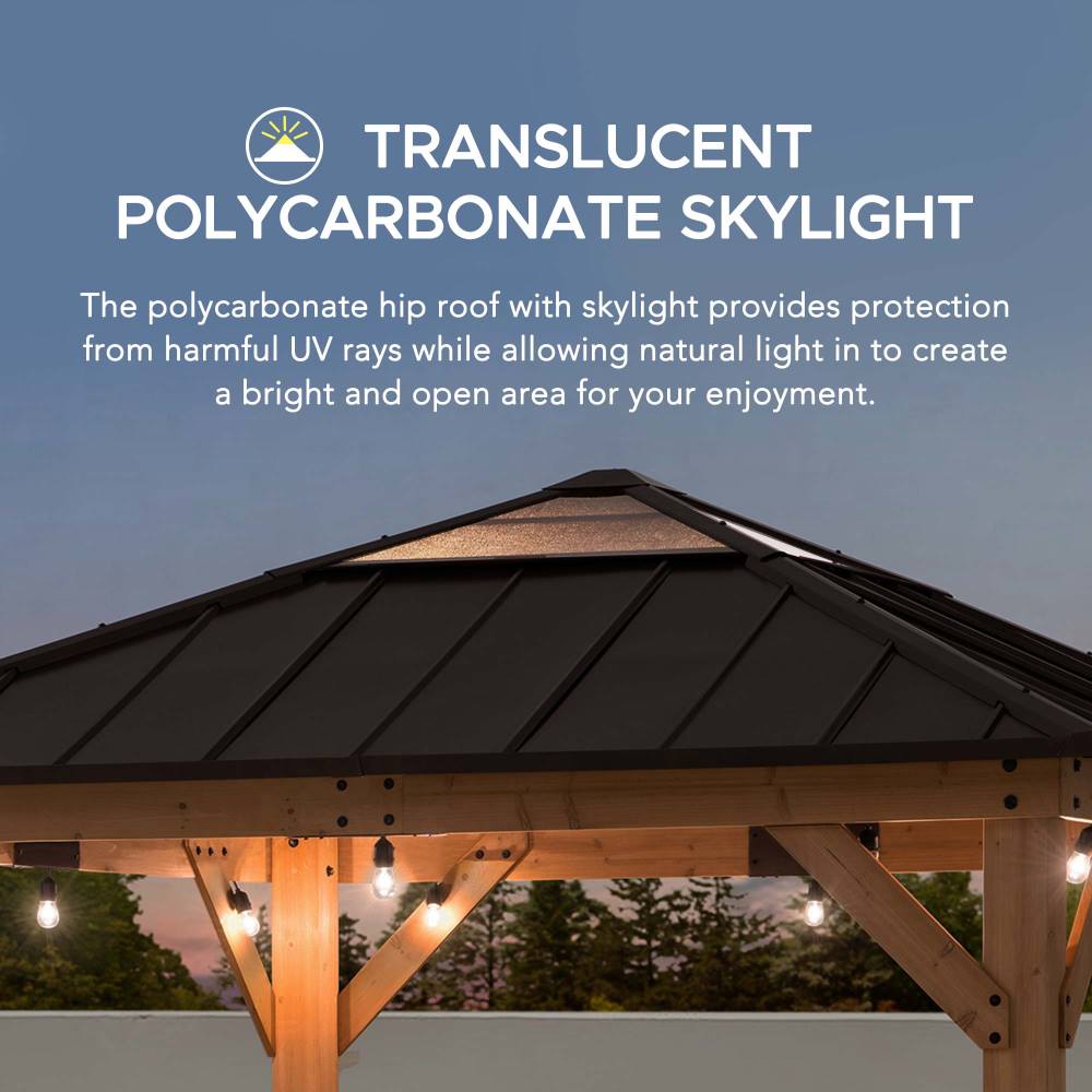 SUNJOY 9x9 Cedar Gazebo with Brown Metal Roof and Ceiling Hook.