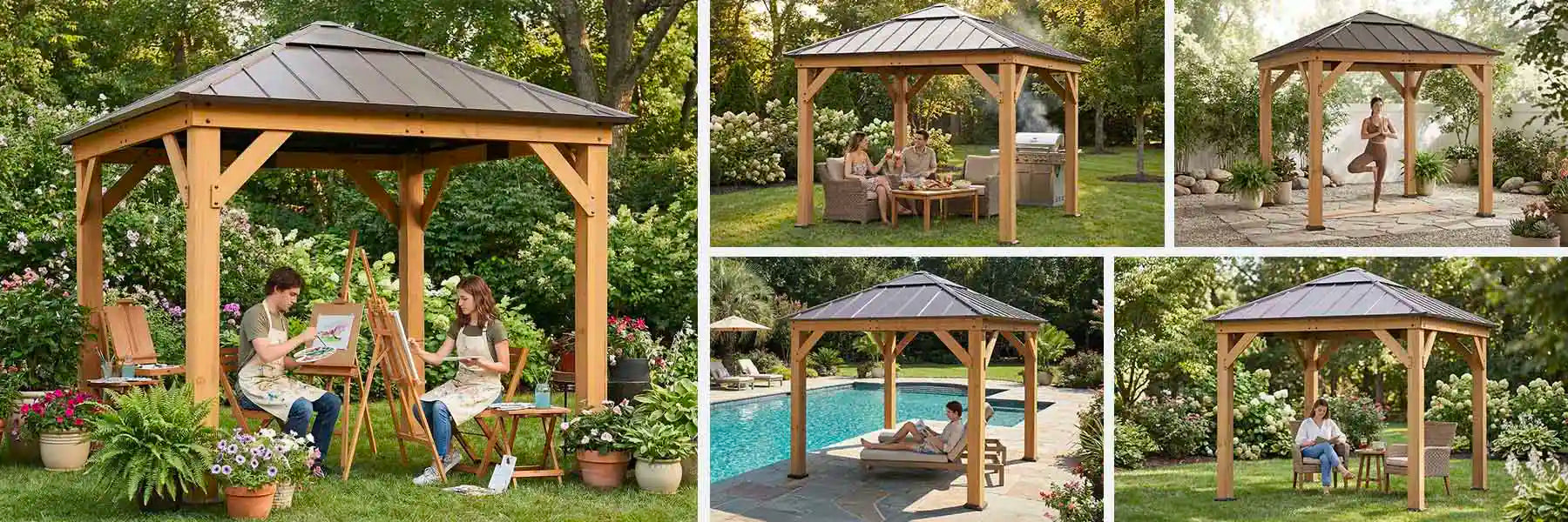 SUNJOY 9x9 Cedar Gazebo with Brown Metal Roof and Ceiling Hook