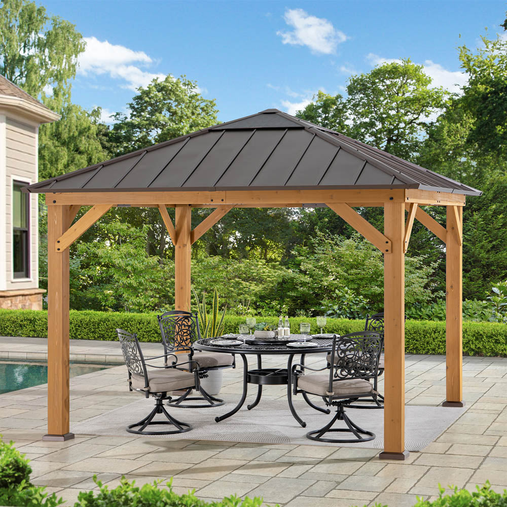 SUNJOY 11x11 Hip Roof Wooden Gazebo with Polycarbonate Skylight.