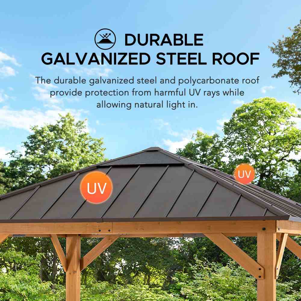 SUNJOY 11x11 Hip Roof Wooden Gazebo with Polycarbonate Skylight.