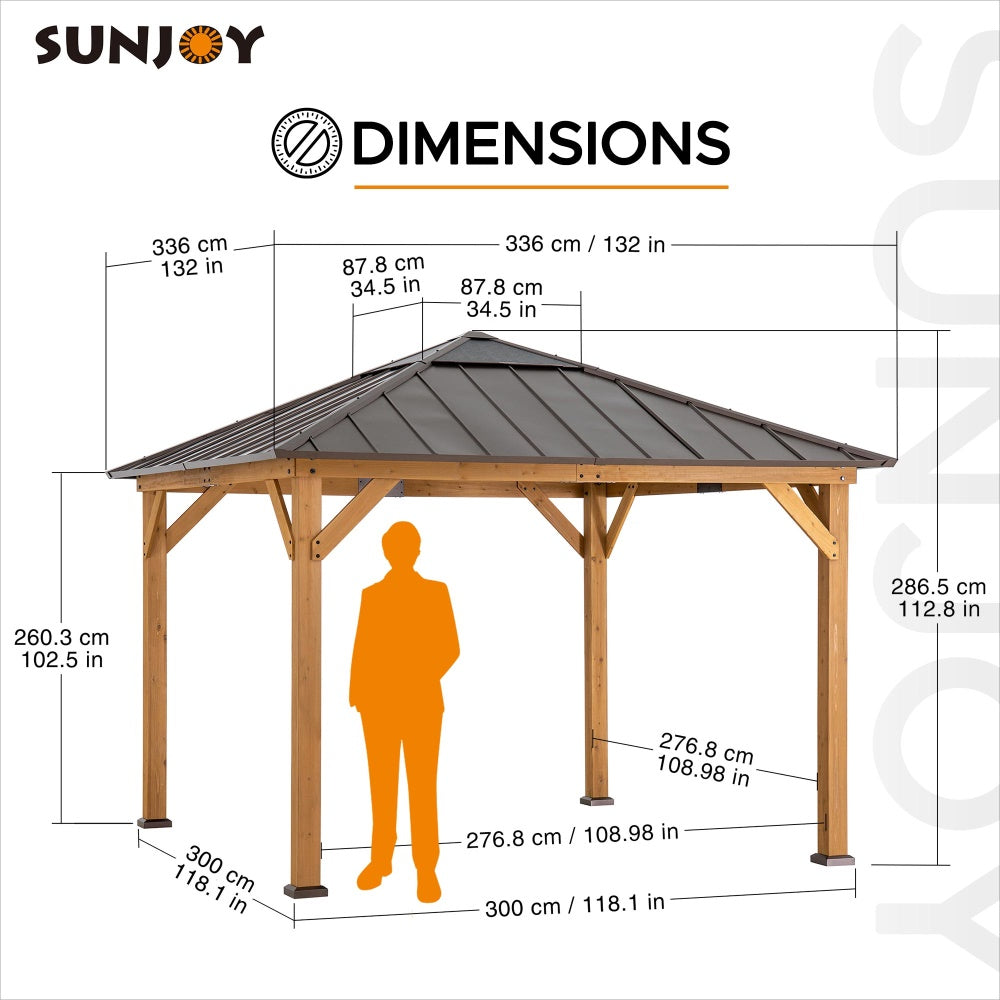 SUNJOY 11x11 Hip Roof Wooden Gazebo with Polycarbonate Skylight.