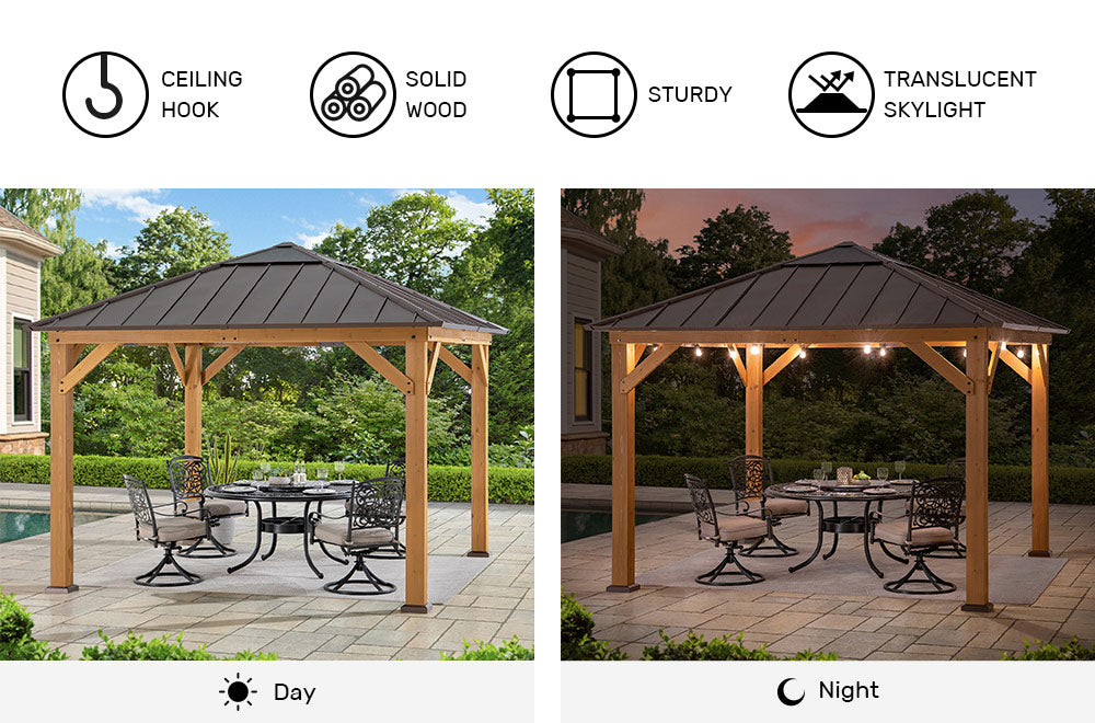 SUNJOY 11x11 Hip Roof Wooden Gazebo with Polycarbonate Skylight