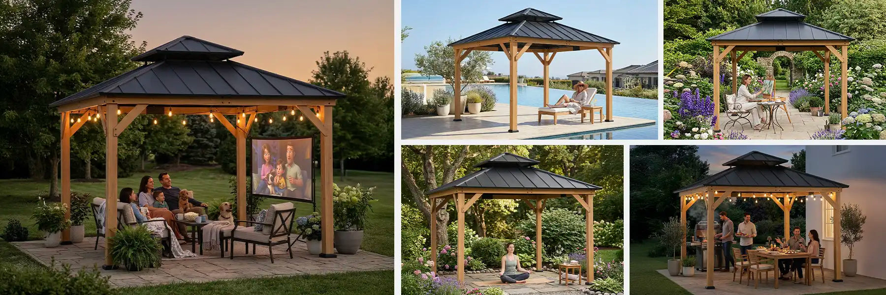 SUNJOY 11x11 Wooden Frame Backyard Hardtop Gazebo with Ceiling Hook - Upgrade Natural Cedar