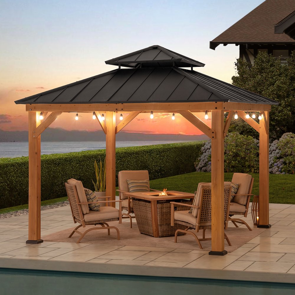 SUNJOY 11x11 Wooden Frame Backyard Hardtop Gazebo with Ceiling Hook.