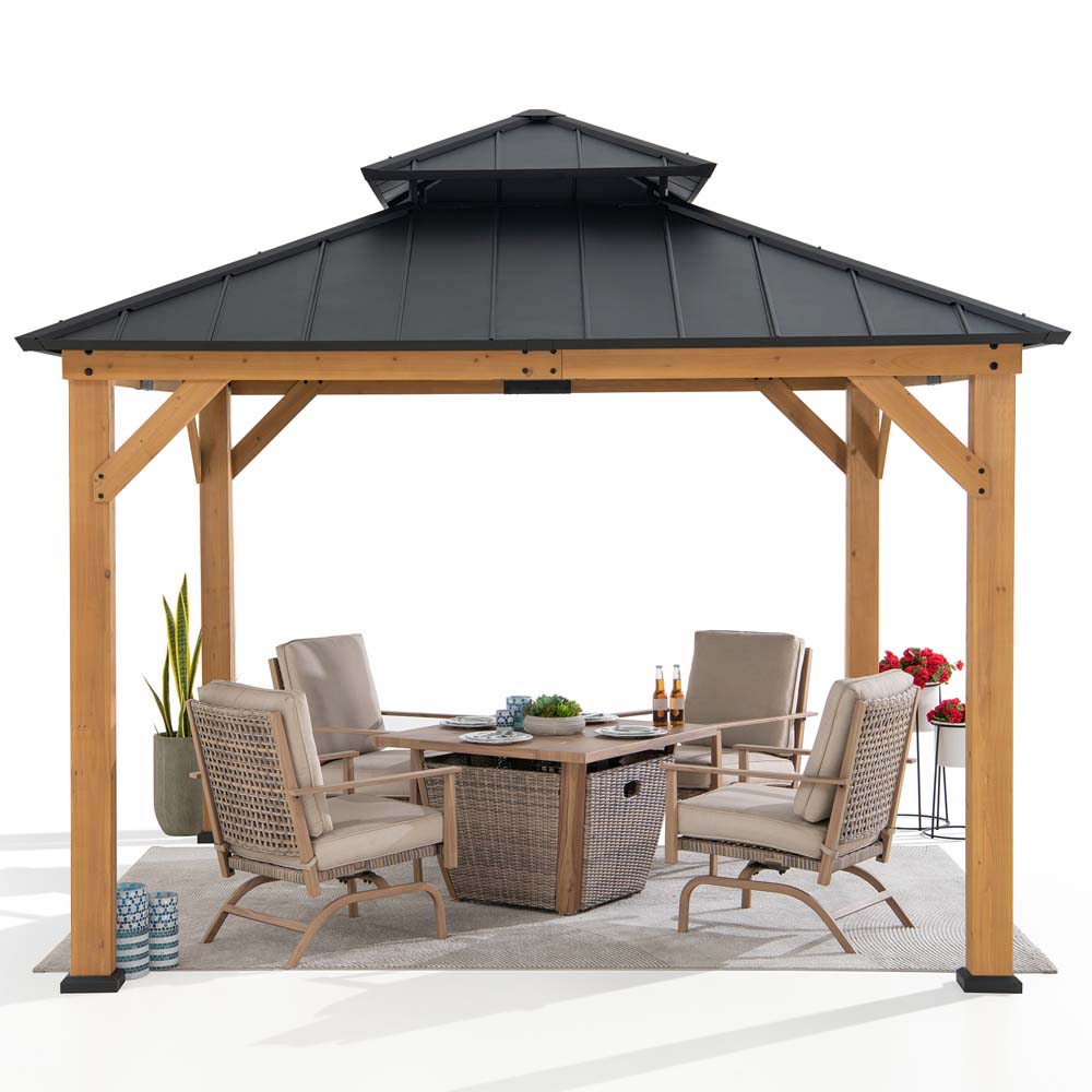 SUNJOY 11x11 Wooden Frame Backyard Hardtop Gazebo with Ceiling Hook.