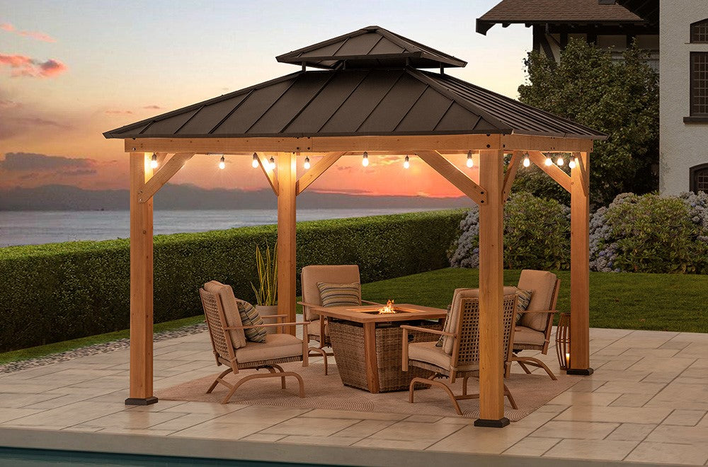 SUNJOY 11x11 Wooden Frame Backyard Hardtop Gazebo with Ceiling Hook