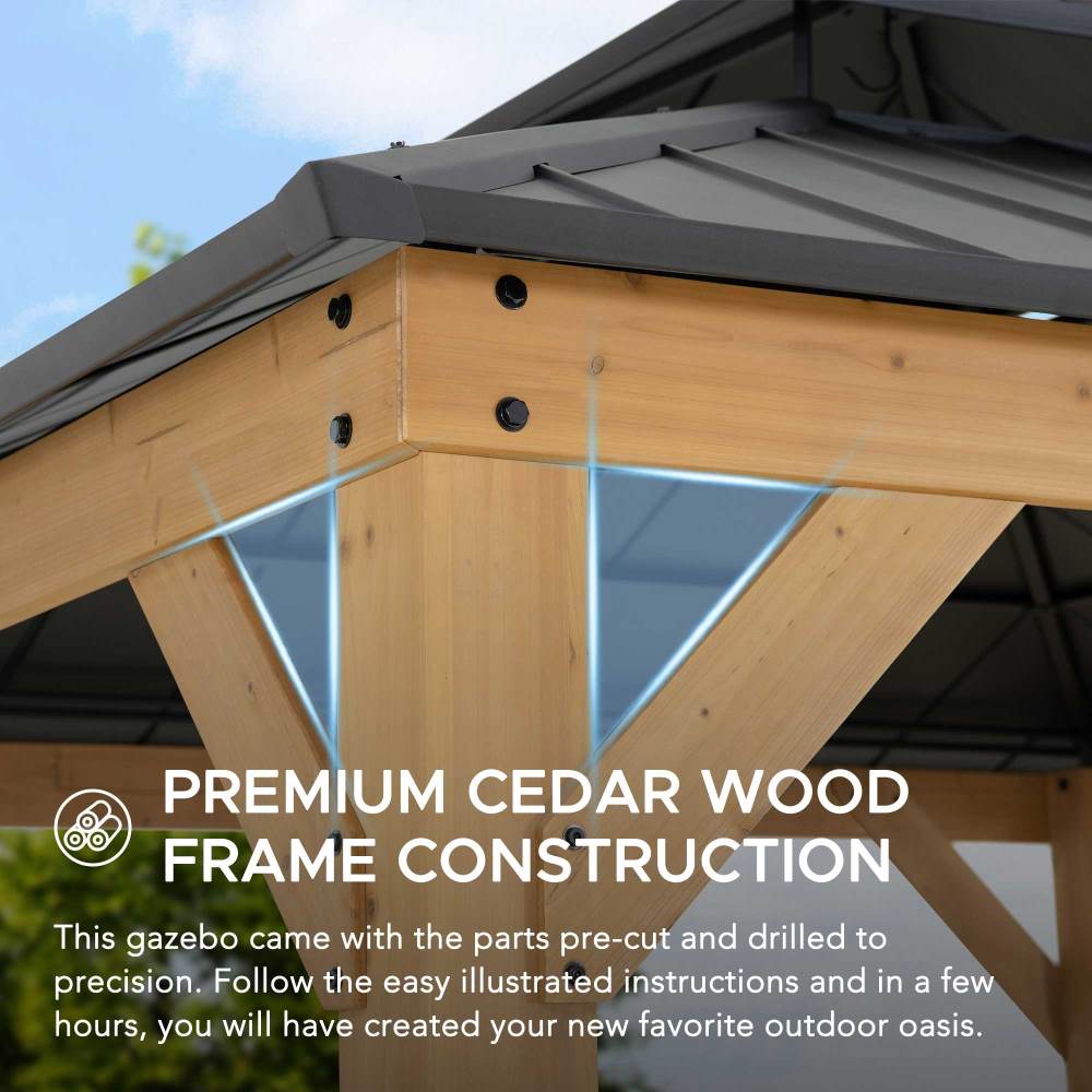SUNJOY 11x11 Wooden Frame Backyard Hardtop Gazebo with Ceiling Hook.