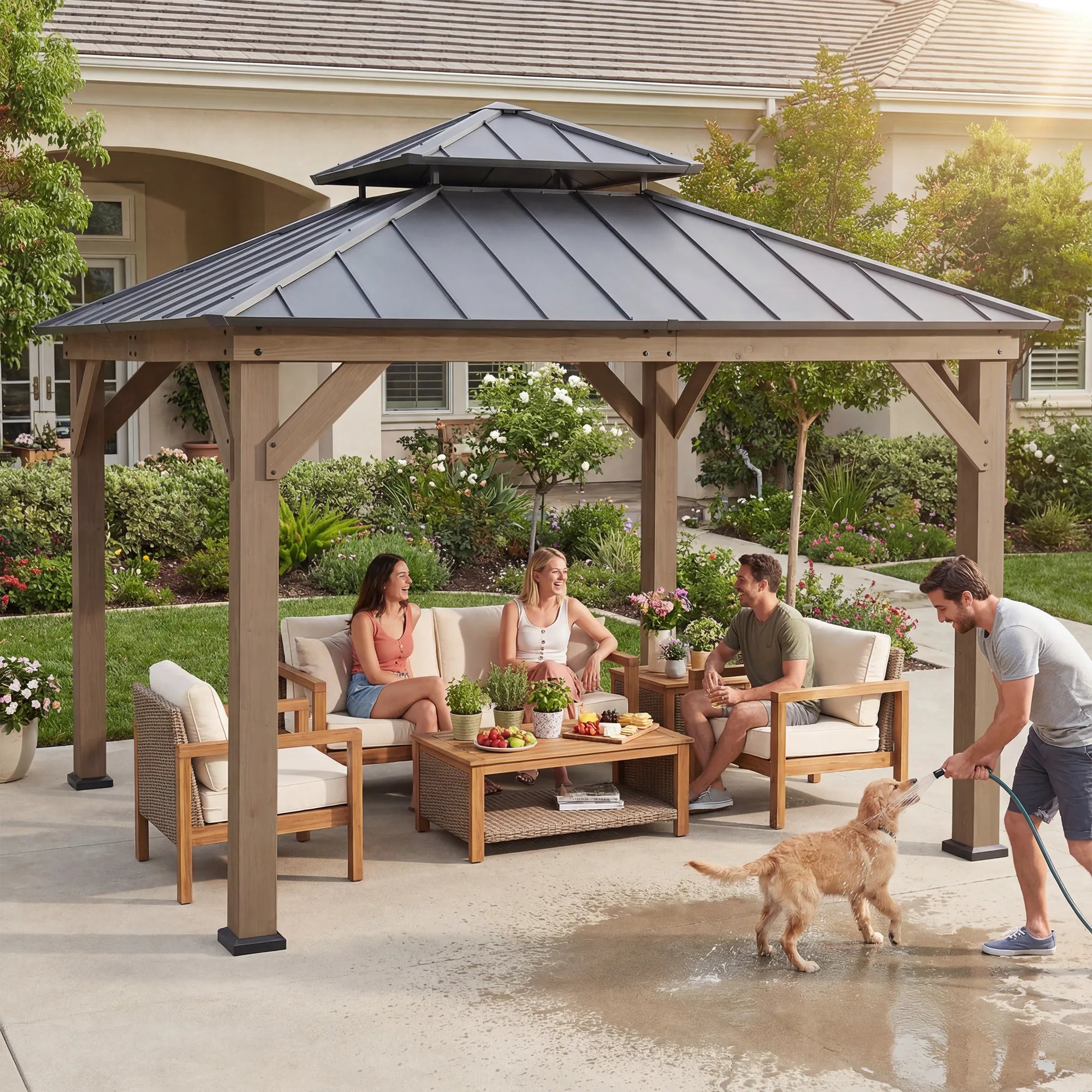 SUNJOY 11x11 Wooden Frame Backyard Hardtop Gazebo with Ceiling Hook - Upgrade Weathered Cedar