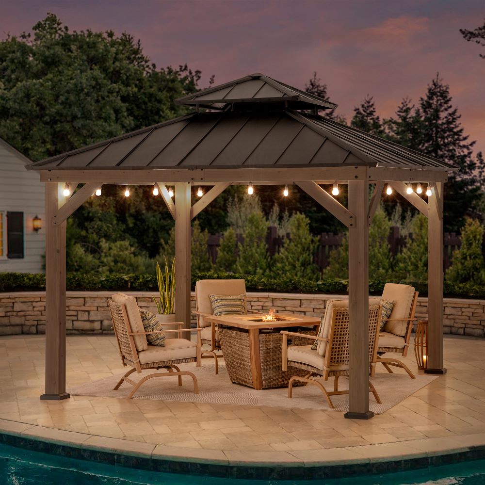 SUNJOY 11x11 Wooden Frame Backyard Hardtop Gazebo with Ceiling Hook.