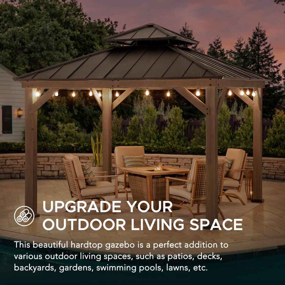 Sunjoy Outdoor Patio 11x11 Black 2-Tier Wooden Frame Backyard Hardtop Gazebo with Ceiling Hook.