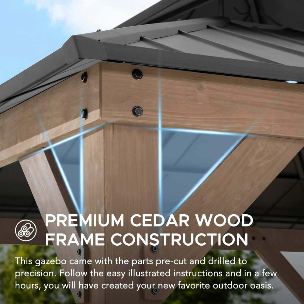 SUNJOY 11x11 Wooden Frame Backyard Hardtop Gazebo with Ceiling Hook.