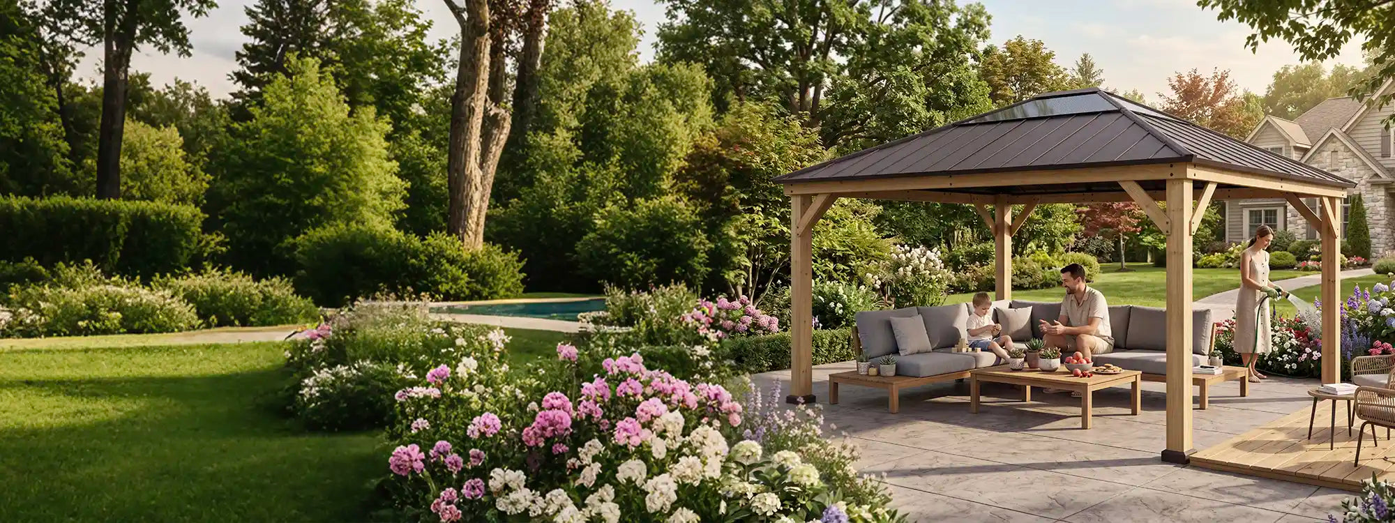 SUNJOY 13x15 Wood Frame Gazebo with Translucent Skylight