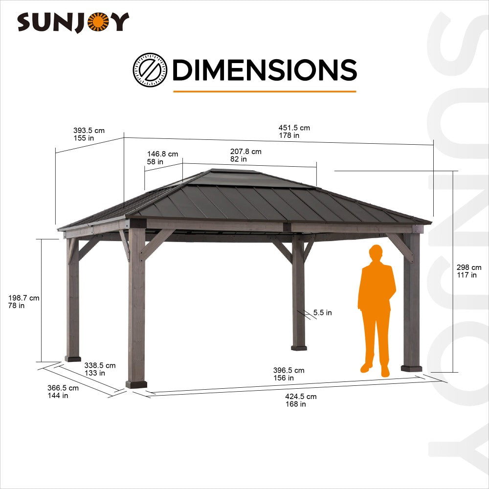 SUNJOY 13x15 Wooden Frame Gazebo with Hip Roof and Ceiling Hook.